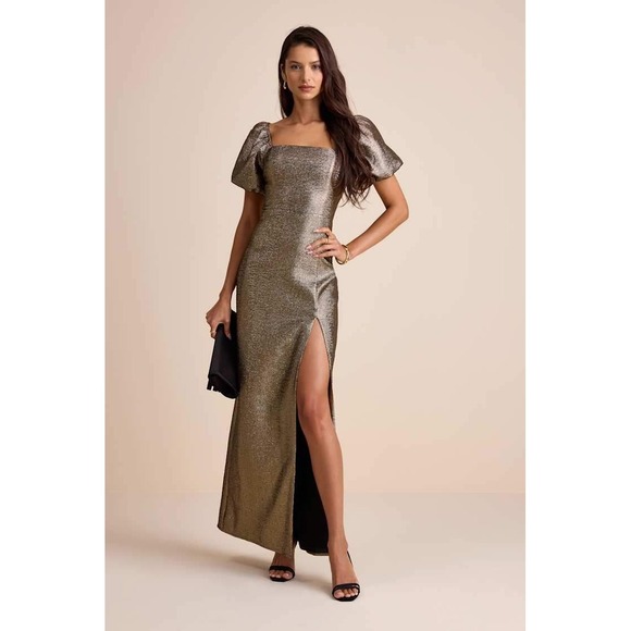 Lulus Dresses & Skirts - Lulus Celestina Bronze Lurex Puff Sleeve Mermaid Maxi Dress Gold - Size XL NEW